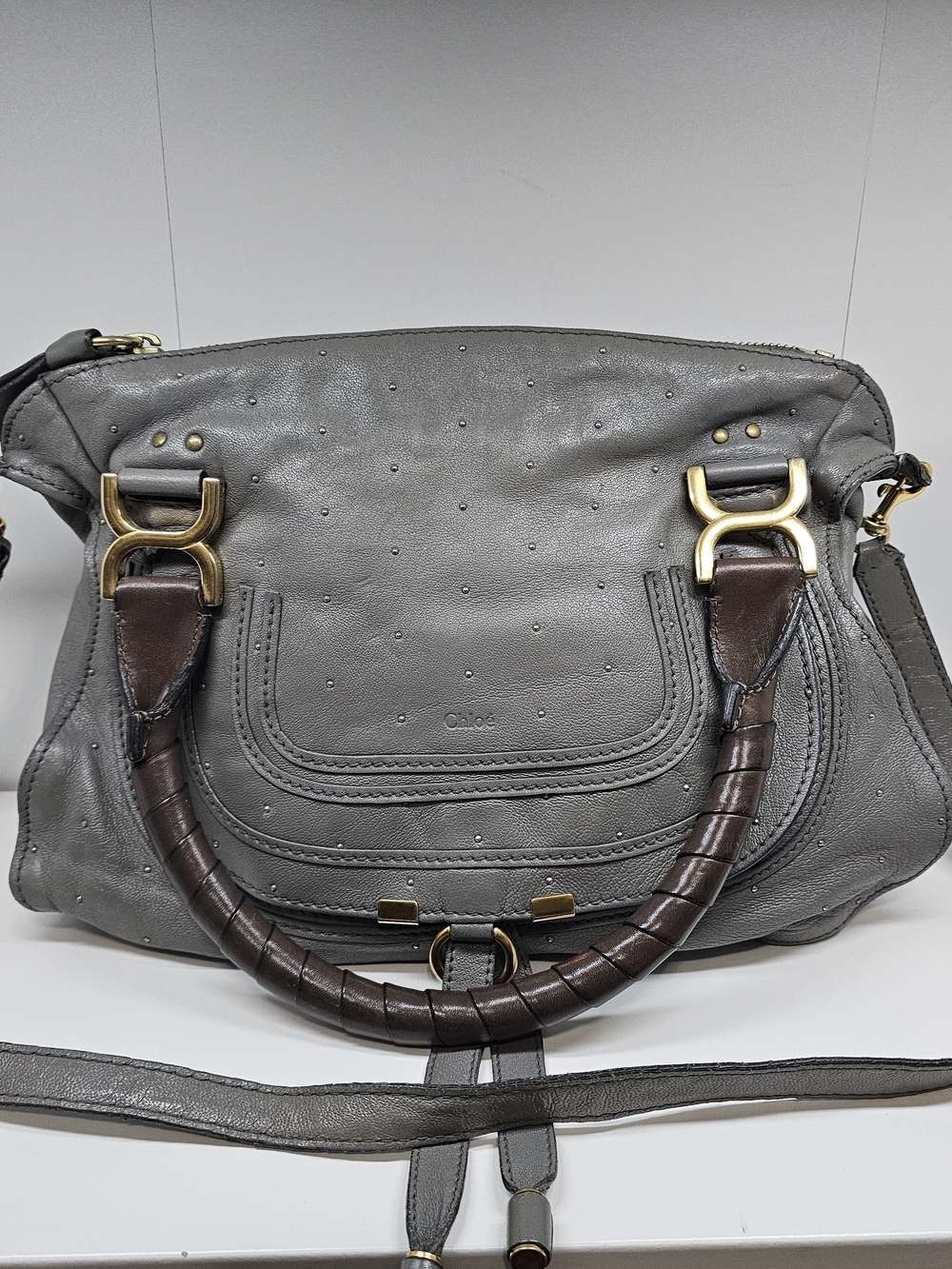 Chloe Marcie Gray Leather Shoulder Bag with Dark Brown Wrapped Handles